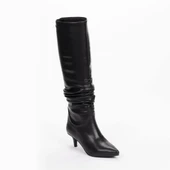 Vegan 6.5 cm Kısa Rahat Topuklu Sivri Burunlu Körüklü Uzun Kadın Çizme thumbnail 2