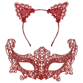 Romantik Kırmızı Dantel Maske Seti – Kedi Kulaklı Taç ve Maske 3 No (5314) - 2