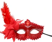 Kırmızı Mat Renk Yandan Tüylü Güllü Parti Balo Venedik Maskesi 16x22 (5314) - 1