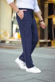 Erkek Cizgili Dokuma Krep Jogger Buggy Pantalon Rahat kalıp - Lacivert thumbnail 3