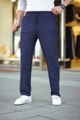 Erkek Cizgili Dokuma Krep Jogger Buggy Pantalon Rahat kalıp - Lacivert thumbnail 2