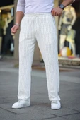 Erkek Cizgili Dokuma Krep Jogger Buggy Pantalon Rahat kalıp - Beyaz thumbnail 3