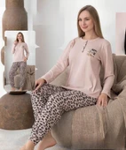 Lindros Kadın Pamuk'lu Düğme Yaka Raporlu İnterlok KIŞLIK Pijama Takımı 0248 - 1 Adet   XL Bej thumbnail 1