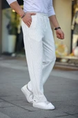 Erkek Cizgili Dokuma Krep Jogger Buggy Pantalon Rahat kalıp - Beyaz thumbnail 2