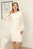 İnci Süsleme Detaylı Midi Abiye Elbise 2335-Beyaz thumbnail 6
