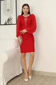 İnci Süsleme Detaylı Midi Abiye Elbise 2335-Kırmızı thumbnail 3