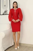 İnci Süsleme Detaylı Midi Abiye Elbise 2335-Kırmızı thumbnail 2