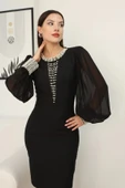 İnci Süsleme Detaylı Midi Abiye Elbise 2335-Siyah thumbnail 6