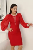 İnci Süsleme Detaylı Midi Abiye Elbise 2335-Kırmızı thumbnail 6