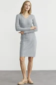 Düğme Detaylı V Yaka Triko Elbise - Gri thumbnail 2