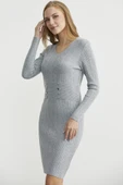 Düğme Detaylı V Yaka Triko Elbise - Gri thumbnail 4