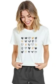 Kadın Beyaz Relaxed Fit %100 Pamuk Tişört – Karakalem & Altın Kalpler Düzeni Baskılı thumbnail 3