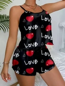 Aşk Temalı Kalp Desenli Siyah Saten Şortlu Gecelik Takım thumbnail 1