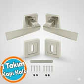 Kare Rozetli Nikel İnox Oda Kapı Kolu (1 TAKIM: 2 Adet Kol + 2 Adet Rozet + Bağlantı Demiri) thumbnail 1