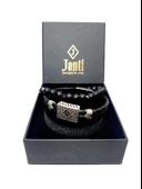 JTAW25BLK1609 HAKİKİ DERİ ZİRKON TAŞLI ALAŞIMLI METAL MIKNATIS KAPAMA ile ONYX ve HEMATİT DOĞALTAŞ ESNEK KOMBİN SİYAH GARANTİLİ HEDİYE KUTULU JANTİ BİLEKLİK thumbnail 1