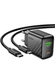Hoco. CS25A Rico 20W 1 Adet Type-C ve 1 Adet USB 3.0 QC Çıkışlı Ekstra Type-C to Type-C Kablolu PD Hızlı Şarj Aleti - Siyah thumbnail 3