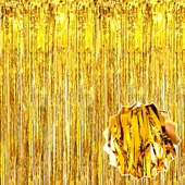 Altın Gold Renk Ekstra Metalize Parlak Saçaklı Arka Fon Perde İthal A Kalite 1x2 Metre thumbnail 3