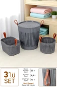 Flex 3lü Banyo Seti Deri Desenli Kulplu Lüx Banyo Mutfak Organizeri Çamaşır Sepeti Düzenleyici Antrasit thumbnail 1
