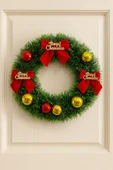 Yılbaşı Kapı Süsü Merry Christmas Çelenk 30 cm Kırmızı Kurdeleli Noel Dekoru thumbnail 1