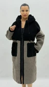 Büyük Beden Kapüşonlu Yün Kadın Uzun Kaban thumbnail 2