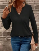 MDB Kadın Uzun Kollu Cepli V Yakalı Viskon Iki Iplik Bluz thumbnail 3