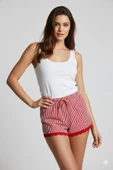 Çizgili Penye Kadın Ev Şortu Bacak Dantel Detaylı Ev Giyim Kırmızı thumbnail 1