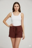 Bambu Fitilli Kadın Ev Şortu Bacak Dantel Detaylı Ev Giyim Koyu Taba thumbnail 1