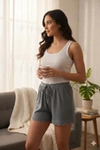 Bambu Fitilli Kadın Ev Şortu Bacak Dantel Detaylı Ev Giyim Gri thumbnail 3