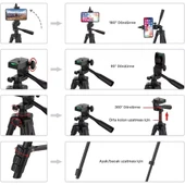 ShopyTech 102 cm Hafif Tripod  Telefon/Kamera Uyumlu Bluetooth Uzaktan Deklanşörlü 360° 3-Yönlü Kafa/SİYAH thumbnail 5