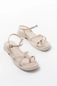 S-101 Bej Parmak Arası Taş Detaylı Günlük Kadın Sandalet thumbnail 5