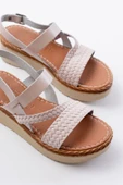 730-152 Bej Örgü Desenli Hakiki Deri Ortopedik Taban Kadın Sandalet thumbnail 3