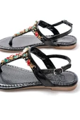 152-1110 Siyah Multi Cam Kırığı Taşlı Parmak Arası Kadın Sandalet thumbnail 5