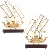 Pirinç Yelkenli Gemi Ahşap Kaideli Ev Ofis Dekorasyon 33cm thumbnail 6