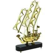 Pirinç Yelkenli Gemi Ahşap Kaideli Ev Ofis Dekorasyon 33cm thumbnail 4