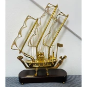 Pirinç Yelkenli Gemi Ahşap Kaideli Ev Ofis Dekorasyon 33cm thumbnail 5