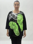 Büyük Beden Viskon Taşlı Boncuk Detaylı Kapri Kol Oversize Kadın Bluz thumbnail 1