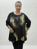 Büyük Beden Viskon Taşlı Cepli Kapri Kol Oversize Kadın Bluz thumbnail 7