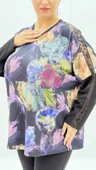Büyük Beden Viskon Çiçek Desenli Taşlı Uzun Kol Oversize Kadın Bluz thumbnail 6