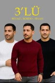 Erkek Fitilli Triko Kazak 3’lü Set – Beyaz, Bordo, Siyah | Kalın Dokuma Pamuklu Regular Fit Bisiklet Yaka Uzun Kollu Kış thumbnail 1