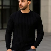 Erkek Fitilli Triko Kazak 3’lü Set – Beyaz, Bordo, Siyah | Kalın Dokuma Pamuklu Regular Fit Bisiklet Yaka Uzun Kollu Kış thumbnail 5