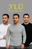 Erkek Fitilli Triko Kazak 3’lü Set – Beyaz, Gri, Siyah | Kalın Dokuma Pamuklu Regular Fit Bisiklet Yaka Uzun Kollu Kışlı thumbnail 1