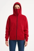 Kadın Samuray Ninja Çift Kapşonlu ZIP Fermuarlı Kanguru Çepli Hoodie Maske detaylı Swetshirt - Kırmızı thumbnail 4