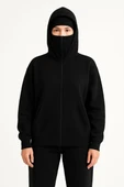 Kadın Samuray Ninja Çift Kapşonlu ZIP Fermuarlı Kanguru Çepli Hoodie Maske detaylı Swetshirt - Siyah thumbnail 4