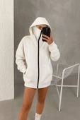 Kadın Samuray Ninja Çift Kapşonlu ZIP Fermuarlı Kanguru Çepli Hoodie Maske detaylı Swetshirt - Beyaz thumbnail 7
