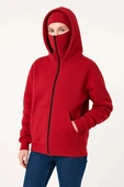 Kadın Samuray Ninja Çift Kapşonlu ZIP Fermuarlı Kanguru Çepli Hoodie Maske detaylı Swetshirt - Kırmızı thumbnail 1