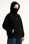 Kadın Samuray Ninja Çift Kapşonlu ZIP Fermuarlı Kanguru Çepli Hoodie Maske detaylı Swetshirt - Siyah thumbnail 1