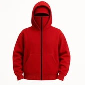 Kadın Samuray Ninja Çift Kapşonlu ZIP Fermuarlı Kanguru Çepli Hoodie Maske detaylı Swetshirt - Kırmızı thumbnail 2