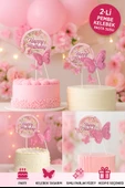 Pembe Kelebekli Pasta Süsü 2’li Set – Simli Happy Birthday Tasarım Doğum Günü Dekoru thumbnail 1