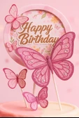 Pembe Kelebekli Pasta Süsü 2’li Set – Simli Happy Birthday Tasarım Doğum Günü Dekoru thumbnail 3