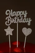 Happy Birthday Taşlı Pasta Süsü 3’lü Set – Gümüş Kalp ve Yıldızlı Işıltılı Doğum Günü Dekoru thumbnail 3